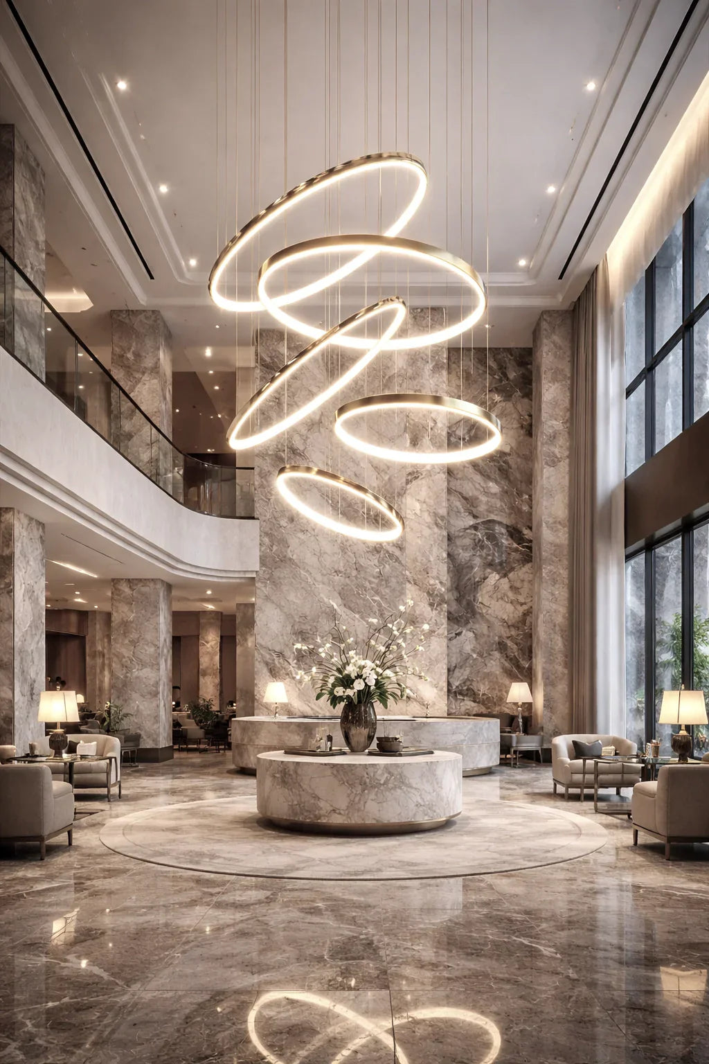 Helixor floating ring chandelier in a high-ceiling interior