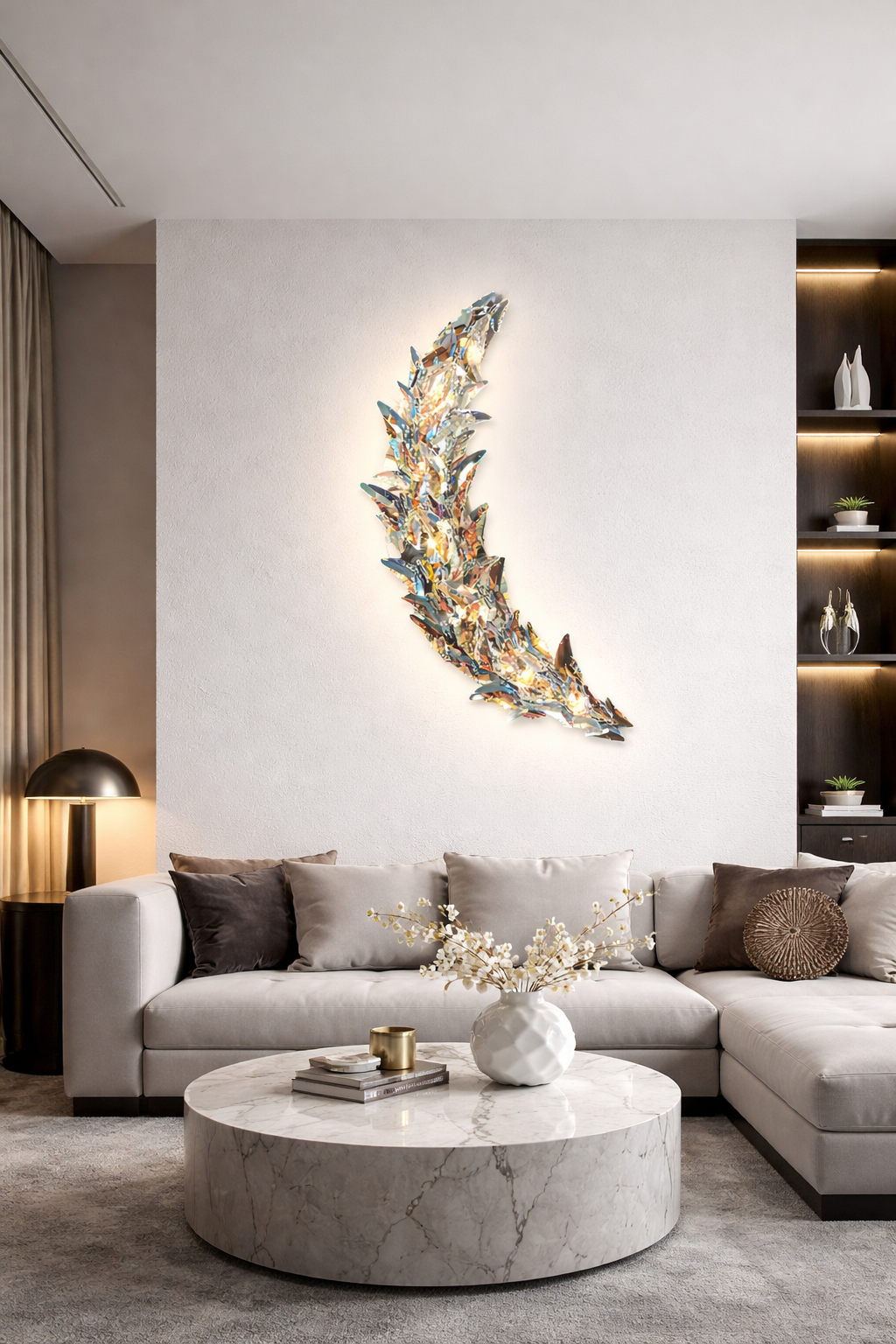 Moonveil butterfly wall lamp above a cream sectional sofa and round stone coffee table