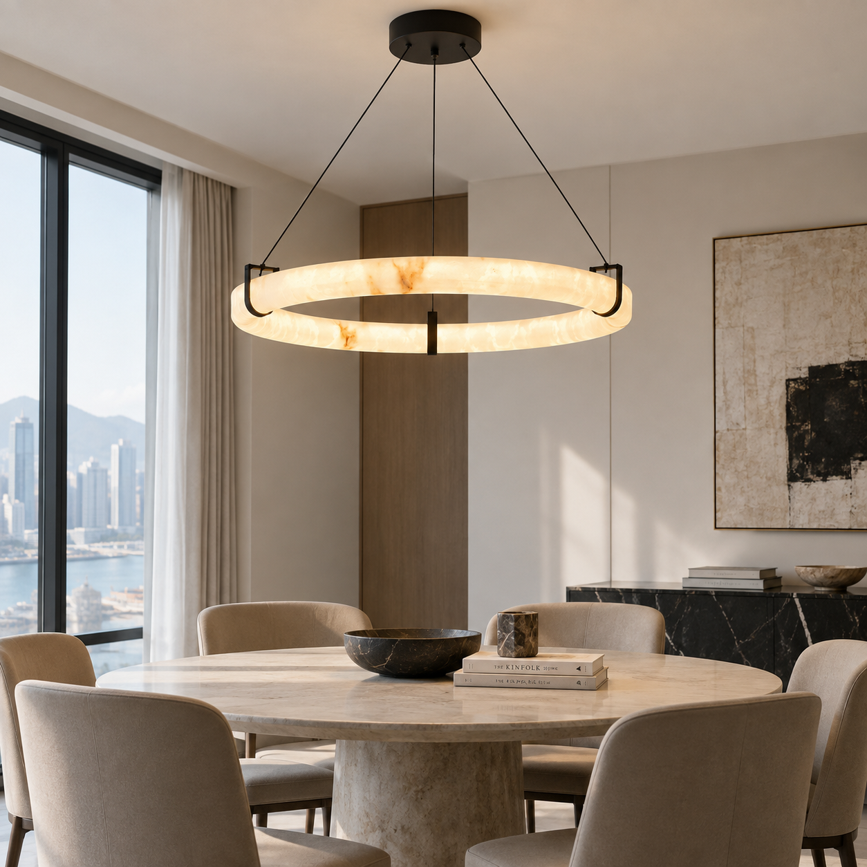 Anulora illuminated alabaster ring above a pale round dining table with upholstered chairs