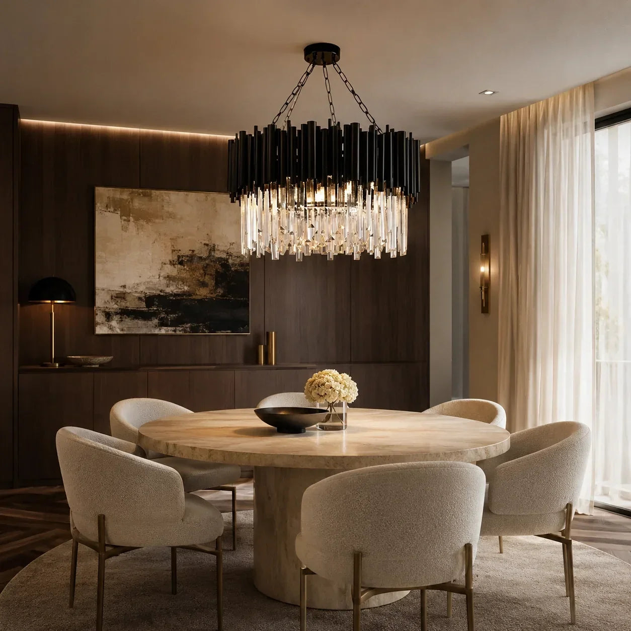 Arcelle black metal crystal chandelier above a round stone dining table