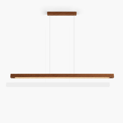 Alderline wood linear LED pendant light with metal suspension cables and matching ceiling canopy