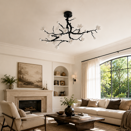 Arborielle branch ceiling light installed in a bright neutral living room