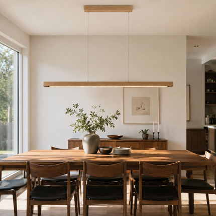 Alderline wood linear pendant light above a large rectangular dining table