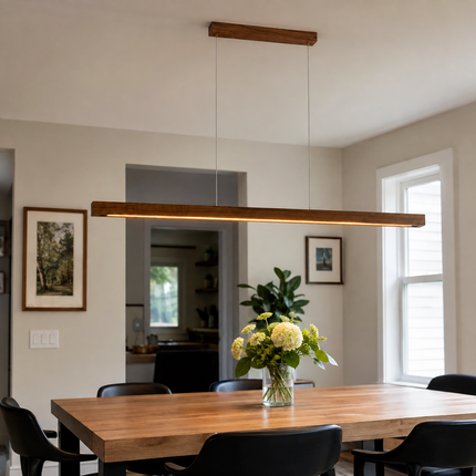 Alderline linear LED pendant light suspended above a wood dining table