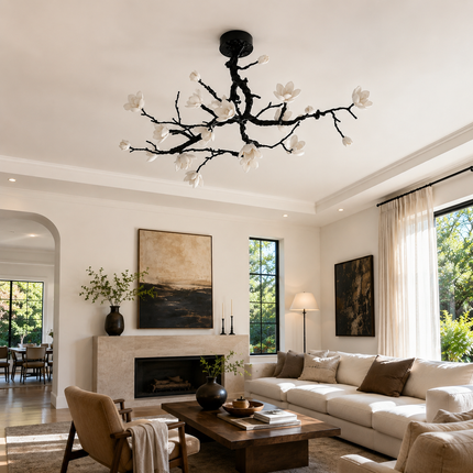 Arborielle floral branch ceiling light in a warm contemporary living room