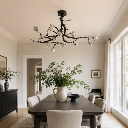 Arborielle ceramic flower ceiling light above a rectangular dining table