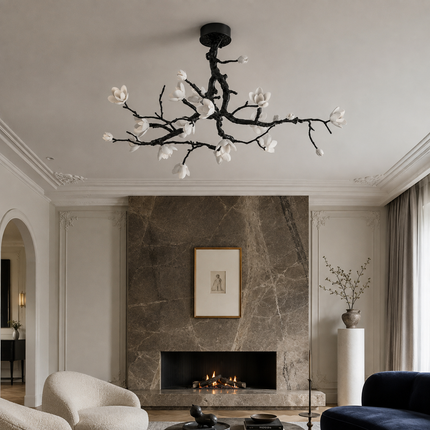 Arborielle branch ceiling light in a formal living room with a stone fireplace