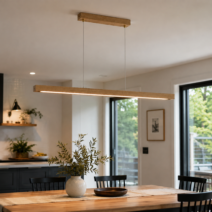 Alderline wood linear pendant above a dining table beside a contemporary kitchen