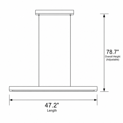 Alderline 120 cm wood linear pendant light CAD dimensions showing 47.2-inch length and 78.7-inch adjustable overall height