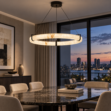 Illuminated Anulora alabaster chandelier above a dark rectangular dining table