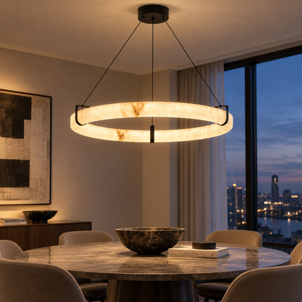 Illuminated Anulora ring chandelier above a round dining table in the evening