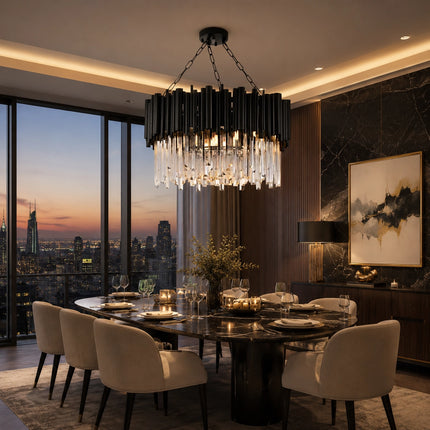 Arcelle black metal crystal chandelier above a black marble dining table in a city-view dining room