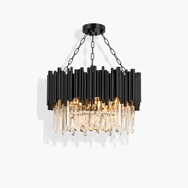 Arcelle black metal crystal chandelier in a smaller size with clear crystal prisms