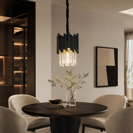 Arcelle black metal crystal pendant light above a round dining table in a modern dining area