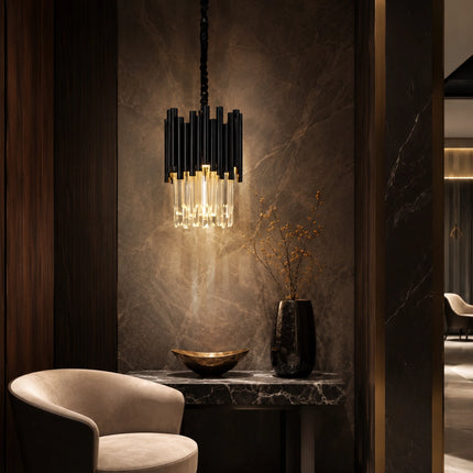 Arcelle black metal crystal pendant light in a lounge corner with marble wall and warm light