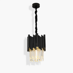 Arcelle black metal crystal pendant light with cylindrical metal shade and clear crystal prisms