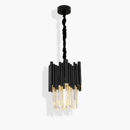 Arcelle black metal crystal pendant light with cylindrical metal shade and clear crystal prisms
