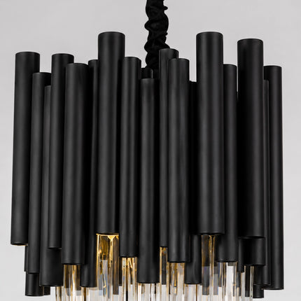 Close-up of the Arcelle pendant light black metal tube shade with crystal prisms below