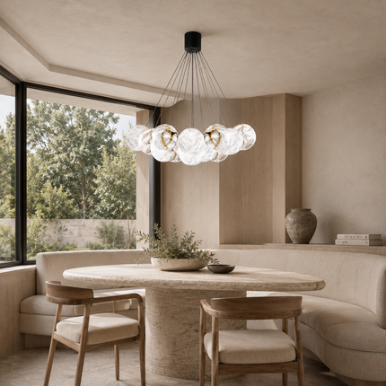 Bubble alabaster chandelier installed above a dining nook table