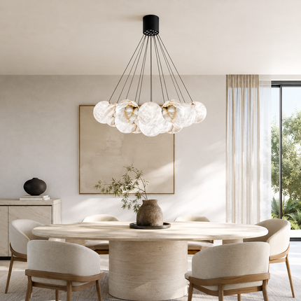 Clustered alabaster chandelier lighting a contemporary dining room