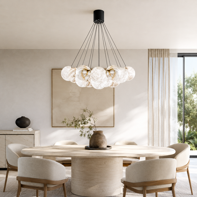 Clustered alabaster chandelier lighting a contemporary dining room