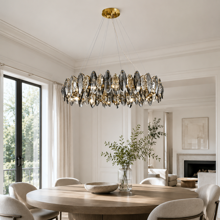 Navette crystal chandelier with smoke gray crystals in a bright dining room with wood table
