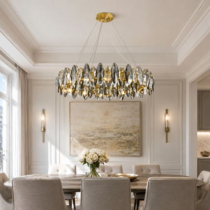 Navette crystal chandelier with gold-tone frame in a classic light-filled dining room