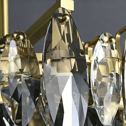 Close-up of smoke gray and clear faceted crystals on the Navette chandelier