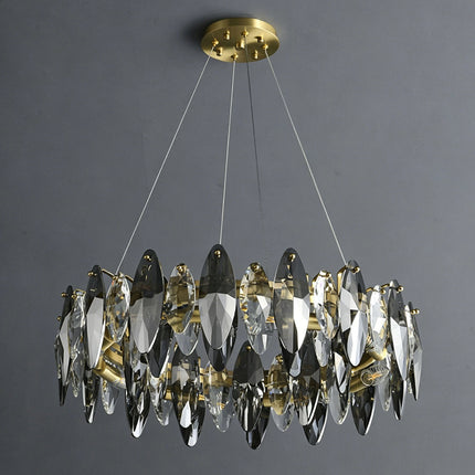 Installed Navette smoke gray crystal chandelier with gold-tone canopy and suspension cables