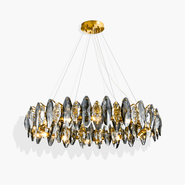 Navette smoke gray crystal chandelier with faceted crystals and a gold-tone copper frame