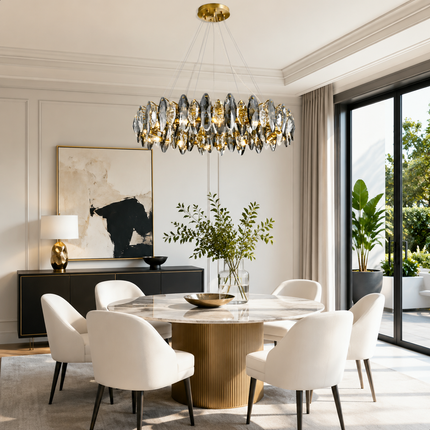 Navette smoke gray crystal chandelier above a round dining table in a modern dining room