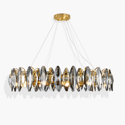 Wide front view of the Navette smoke gray crystal chandelier illuminated against white