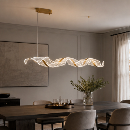 Tidal Ribbon acrylic chandelier in a modern neutral dining room