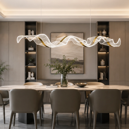 Tidal Ribbon Chandelier installed in an open-plan dining room