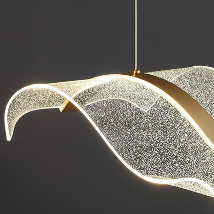 Tidal Ribbon Chandelier detail with illuminated LED edge and gold-tone ribbon