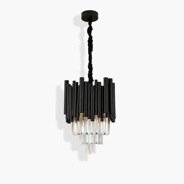 Virelle black metal crystal pendant light with layered vertical tubes and tapered clear crystal drop