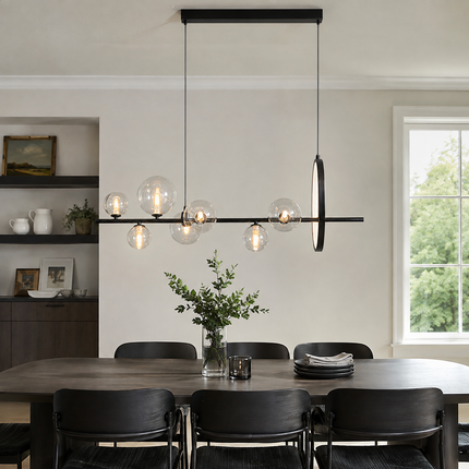 100 cm Virelune linear bubble chandelier with clear glass globes and illuminated ring