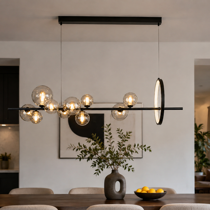 120 cm Virelune glass globe linear chandelier above a modern dining table
