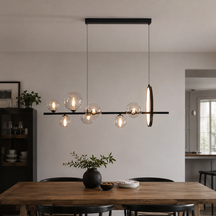 100 cm Virelune black linear bubble chandelier above a compact dining table