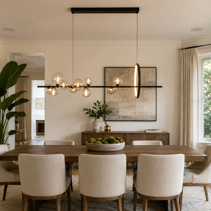 Virelune bubble chandelier for a dining room with a rectangular wood table