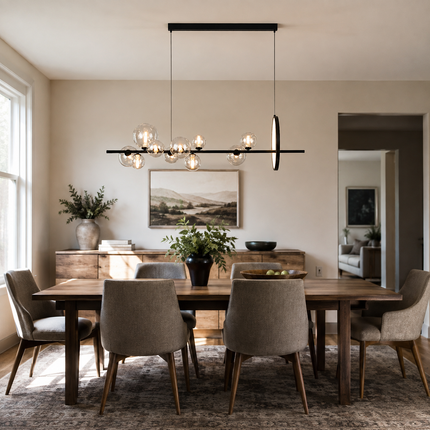 Virelune black linear bubble chandelier above a rectangular wood dining table