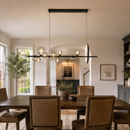 Virelune linear glass chandelier in a classic dining room with wood table